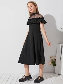 SHEIN 女孩薄透網紗肩部荷葉邊細節洋裝 - 黑色 - 查看 4