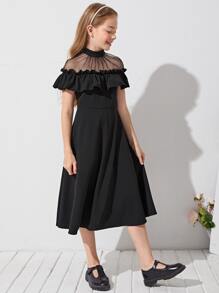 SHEIN 女孩薄透網紗肩部荷葉邊細節洋裝 - 黑色 - 查看 5