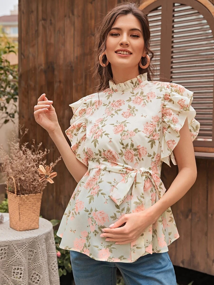 SHEIN 孕妇全身花卉印花荷叶边领口束带上衣 - 彩色 - 查看 1