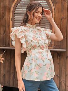 SHEIN 孕妇全身花卉印花荷叶边领口束带上衣 - 彩色 - 查看 3