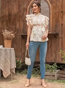 SHEIN 孕妇全身花卉印花荷叶边领口束带上衣 - 彩色 - 查看 4