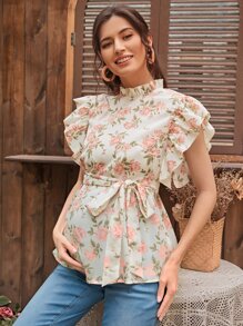 SHEIN 孕妇全身花卉印花荷叶边领口束带上衣 - 彩色 - 查看 5