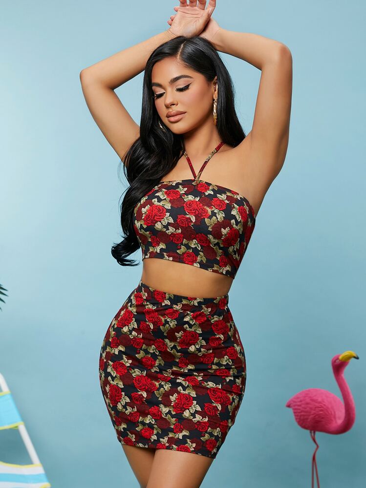 SHEIN SXY Halterneck Tie Back Floral Crop Top & Bodycon Skirt Set - Red - View 1
