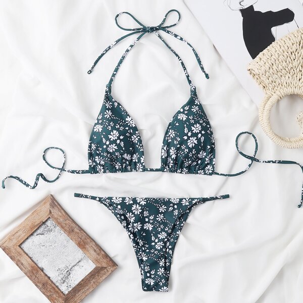 

Ditsy Floral Triangle Thong Bikini Swimsuit, Black and white