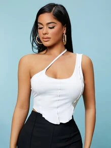 SHEIN SXY 素色單肩短版上衣 - 白色 - 查看 5