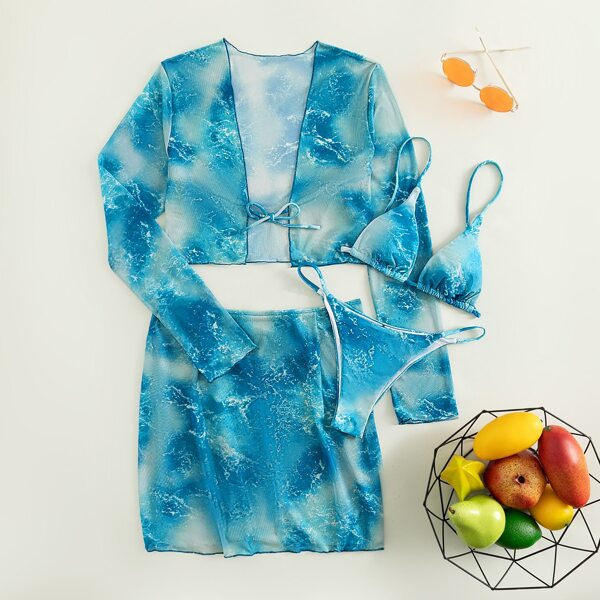 

4pack Tie Dye Bikini Swimsuit & Cover Up, Blue and white