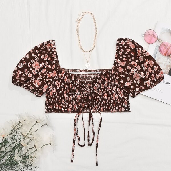 

Floral Print Drawstring Front Top, Multicolor