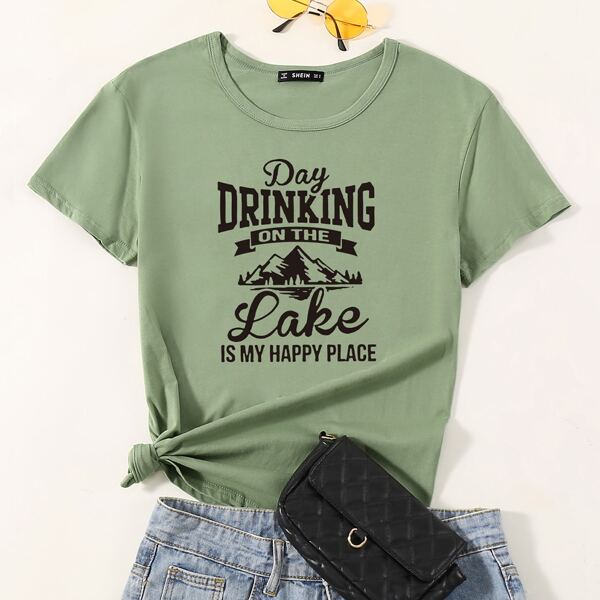 

Slogan & Mountain Print Tee, Army green