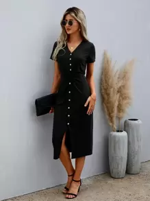 SHEIN LUNE Đầm xoắn lại màu trơn Thanh lịch - màu đen - Xem 4