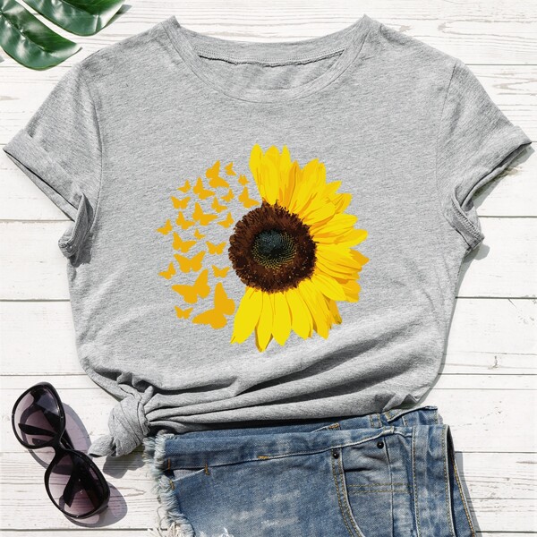 

Sunflower & Butterfly Graphic Tee, Grey
