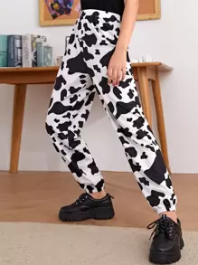 SHEIN Teen Girls Cow Print Trousers - Black and White - View 1