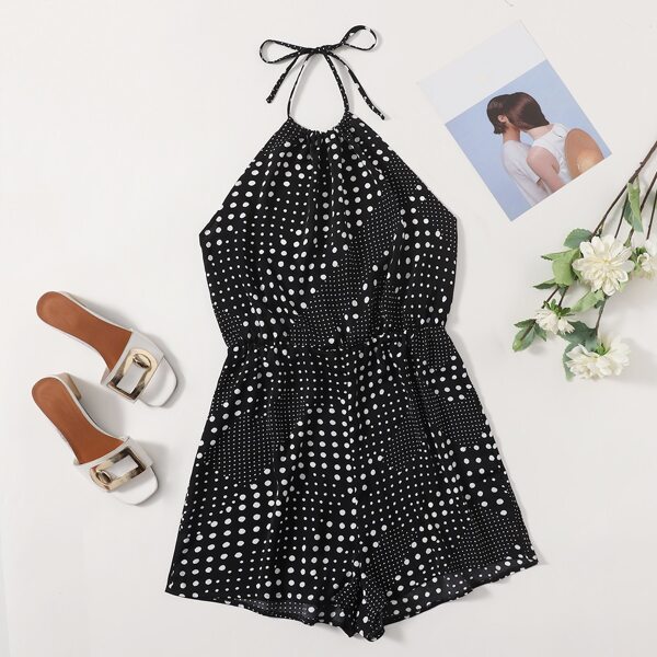 

Plus Polka Dot Halter Romper, Black