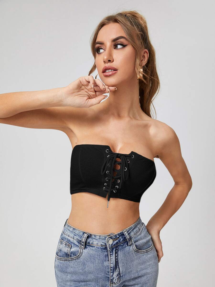 Grommet Eyelets Lace Up Tube Top - Black - View 1