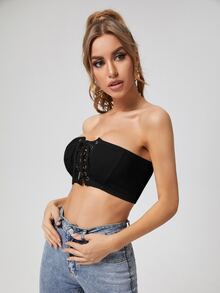 Grommet Eyelets Lace Up Tube Top - Black - View 5