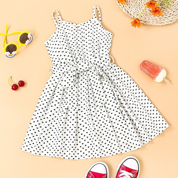 

Toddler Girls Allover Heart Print Belted Cami Dress, White