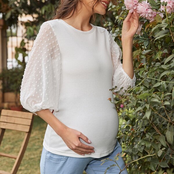 

Maternity Swiss Dot Bishop Sleeve Top, White