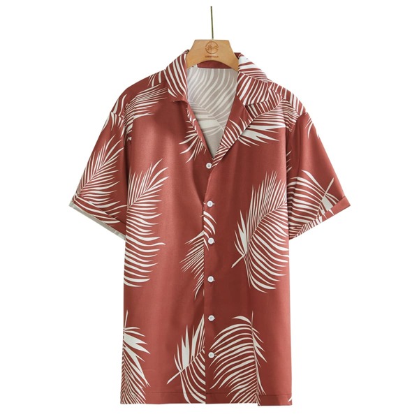 

Men Tropical Print Lapel Collar Shirt, Coffee brown