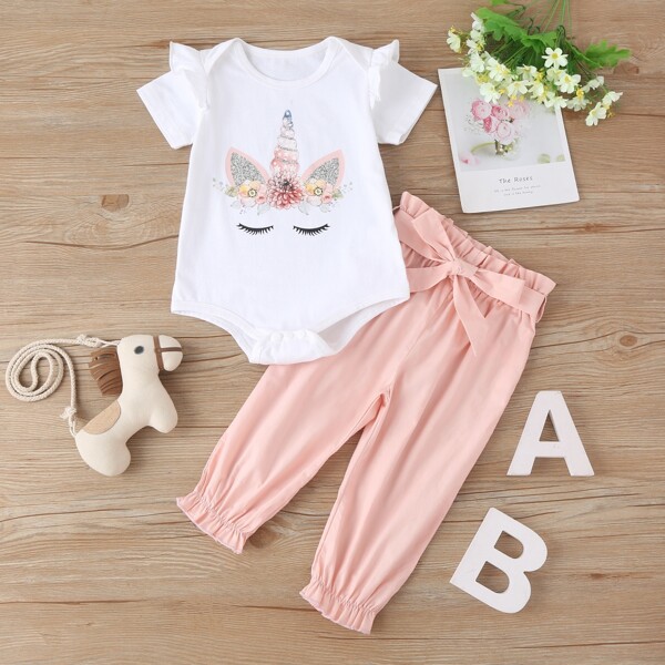 

Baby Girl Cartoon Graphic Bodysuit & Belted Pants, Multicolor
