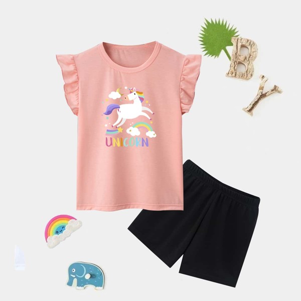 

Toddler Girls Unicorn & Letter Graphic Ruffle Trim Top & Shorts, Multicolor