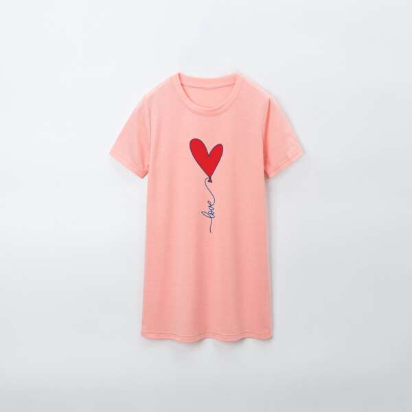 

Toddler Girls Heart Print Tee Dress, Coral pink