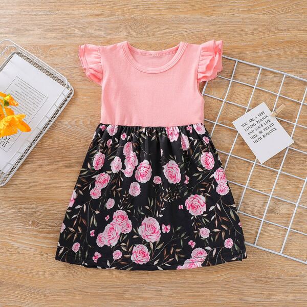 

Baby Girl Ruffle Cuff Floral Print Dress, Multicolor
