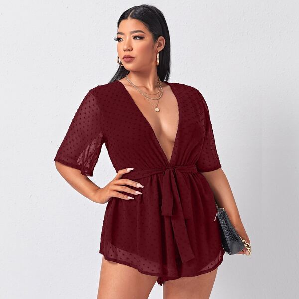 

Plus Swiss Dot Plunging Neck Belted Chiffon Romper, Burgundy
