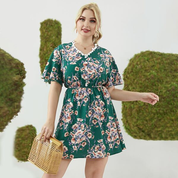 

Plus Pom Pom Trim Allover Floral Dress, Green