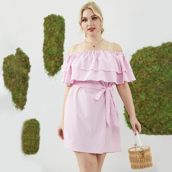 

Plus Off Shoulder Belted Striped Dress, Pink