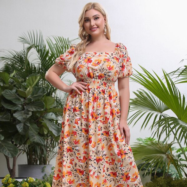 

Plus Allover Floral Shirred A-line Dress, Multicolor