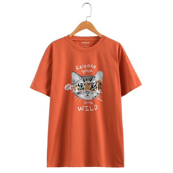 

Cartoon And Slogan Graphic Tee, Burnt orange