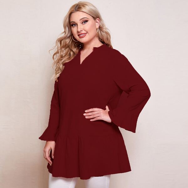 

Plus Notched Flounce Sleeve Blouse, Burgundy