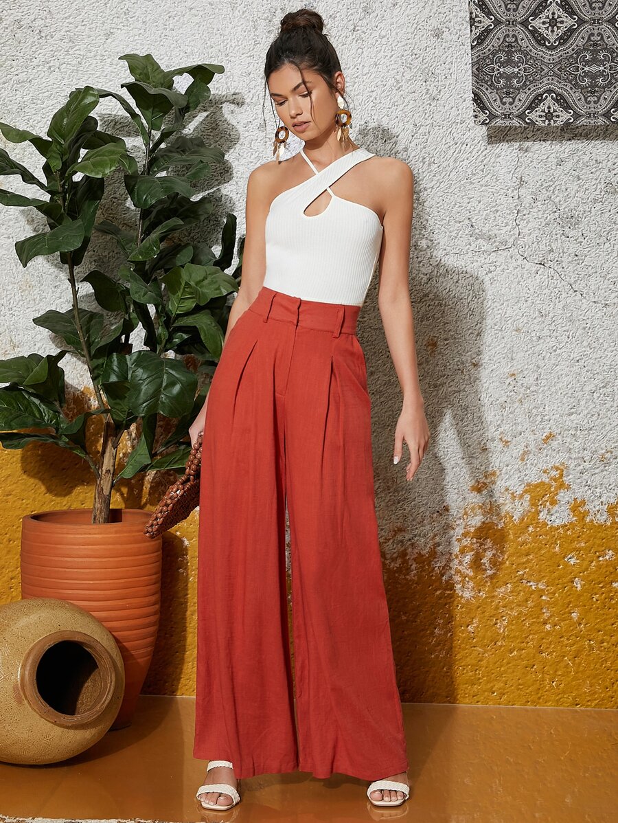SHEIN Pantalones palazzo fruncido con cremallera - Naranja Coral - Ver 1