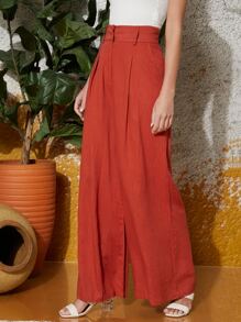 SHEIN Pantalones palazzo fruncido con cremallera - Naranja Coral - Ver 4