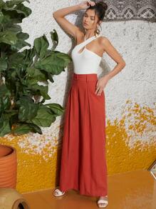 SHEIN Pantalones palazzo fruncido con cremallera - Naranja Coral - Ver 5