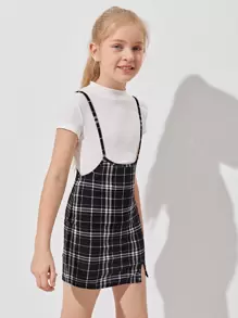 SHEIN Vestido De Peto A Cuadros Con Dobladillo Para Niña Preadolescente
