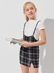 SHEIN Vestido De Peto A Cuadros Con Dobladillo Para Niña Preadolescente