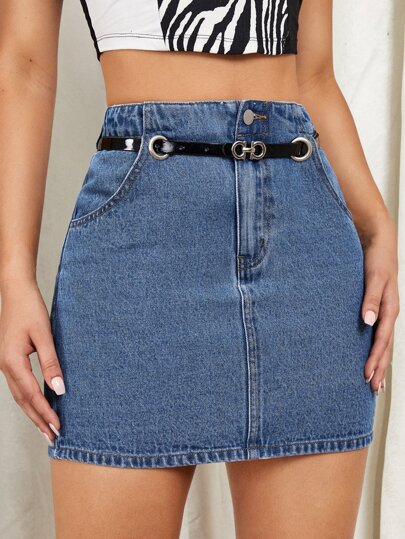High Waist Mini Denim Skirt With Belt