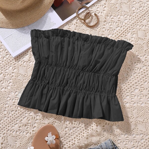 

Ruffle Trim Crinkle Tube Top, Black