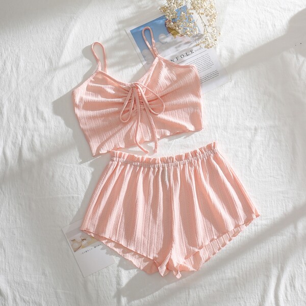 

Ruched Knot Cami Top & Frill Trim Shorts Set, Baby pink