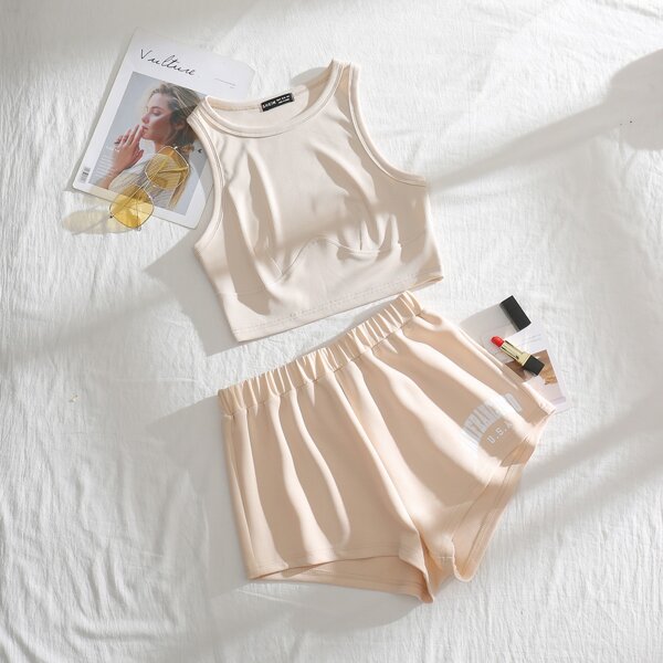 

Letter Graphic Tank Top & Track Shorts Set, Apricot