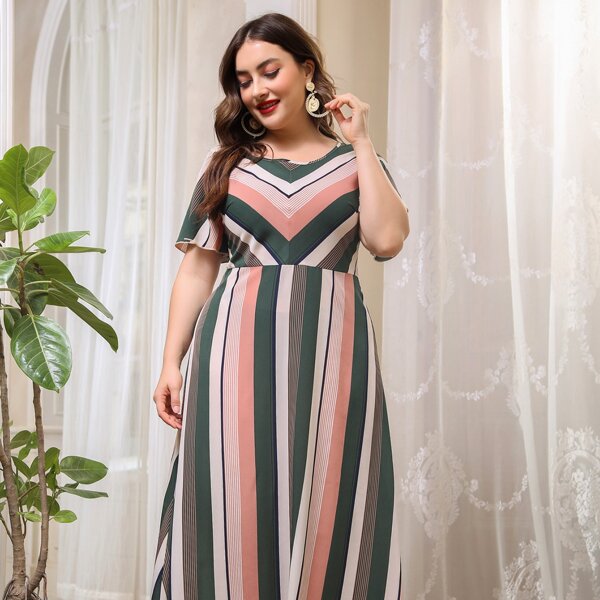 

Plus Colorblock Striped Print A-line Dress, Multicolor