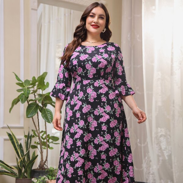 

Plus All Over Floral Print Flounce Sleeve A-line Dress, Multicolor