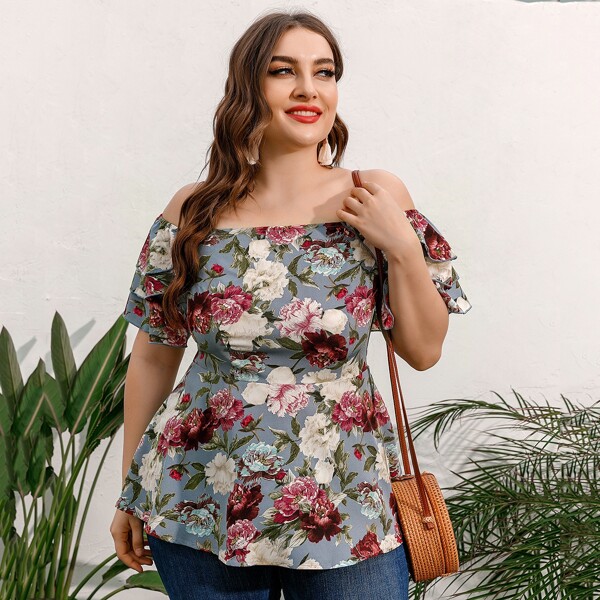 

Plus Off Shoulder Layered Ruffle Floral Print Blouse, Multicolor