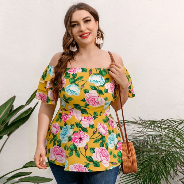 

Plus Off Shoulder Layered Ruffle Floral Print Blouse, Multicolor
