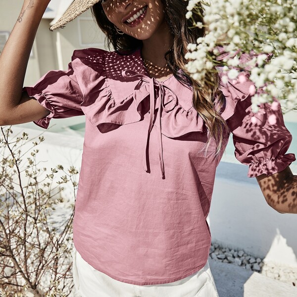 

Solid Statement Collar Puff Sleeve Blouse, Dusty pink