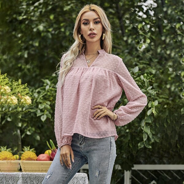 

Notched Neckline Swiss Dot Top, Dusty pink