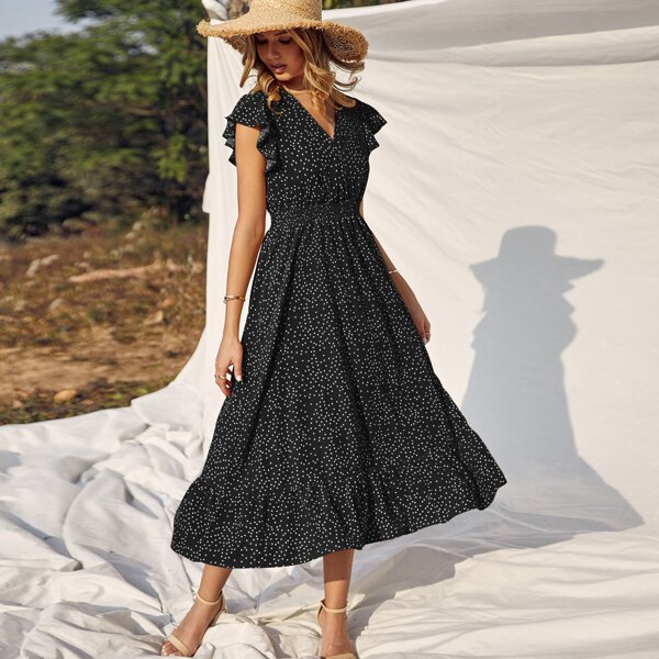 

Polka Dot Surplice Front Shirred Ruffle Hem Dress, Black