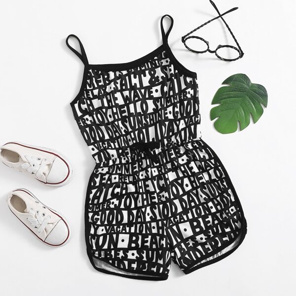 

Toddler Girls Allover Letter Graphic Cami Romper, Black and white