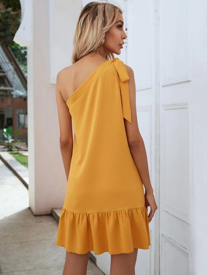 Knot One Shoulder Ruffle Hem Dress