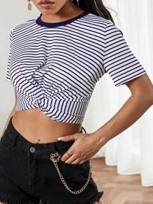 Camiseta corta bajo girante de rayas - Azul y blanco - Ver 1